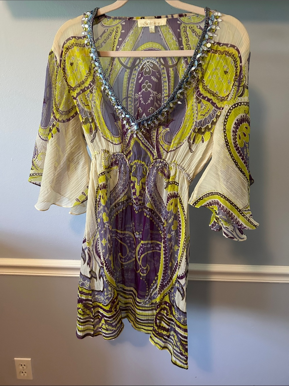 Solitaire Yellow, Purple & Cream Beaded V-Neck Swim Coverup